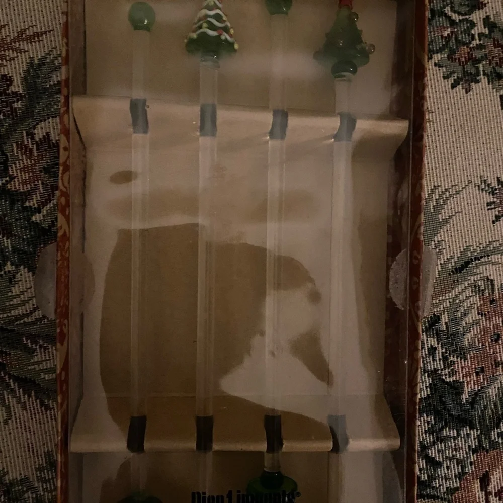 Pier 1 Christmas Tree Decorative Glass Swizzle Drink Set Of 4 Stir Sticks 8”